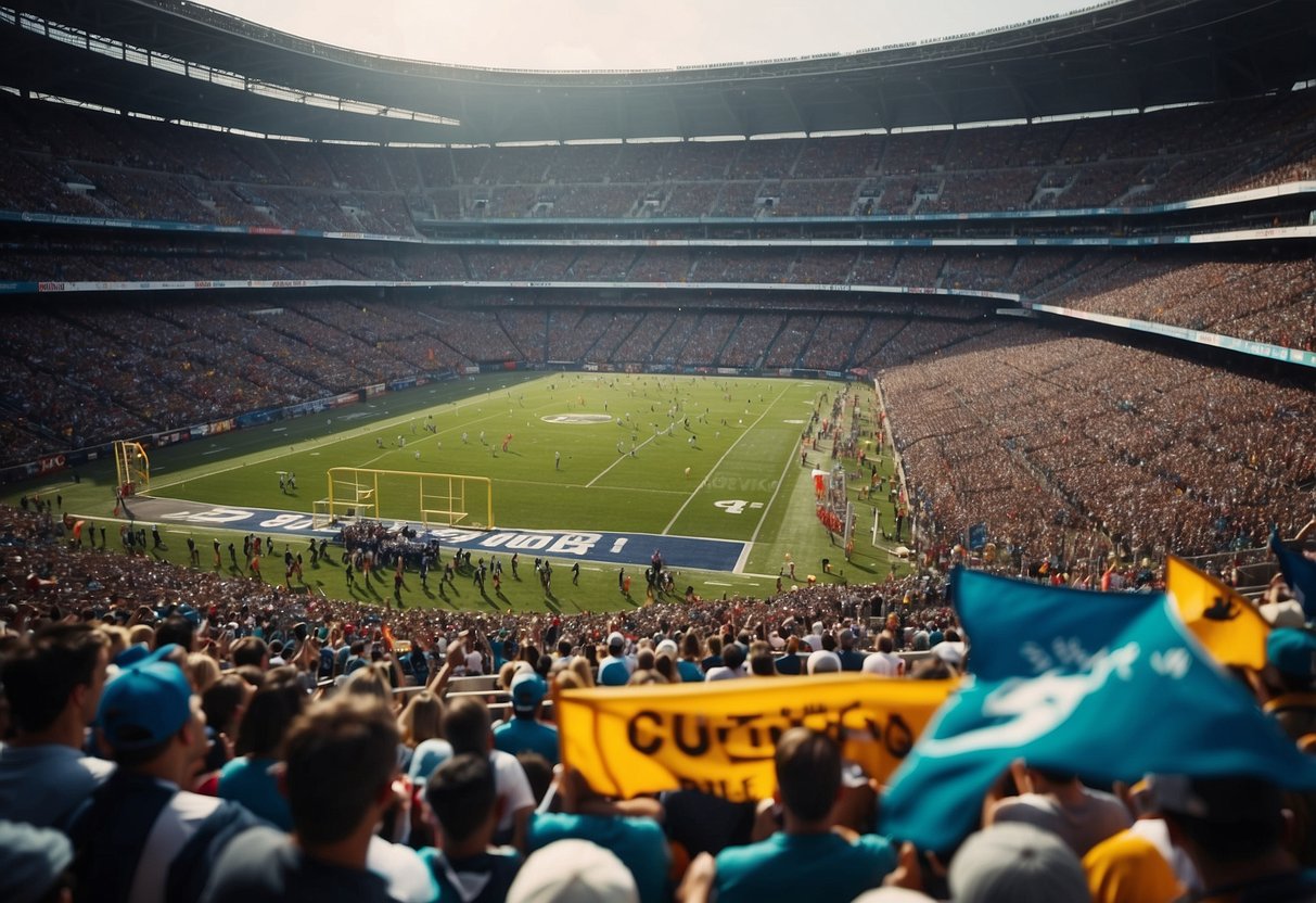 A bustling stadium filled with cheering fans and colorful team banners, surrounded by corporate sponsor logos and merchandise stands