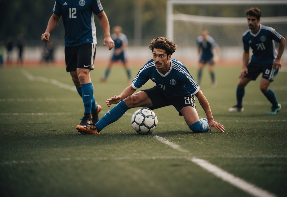 Players using sound and verbal cues, dribbling and passing, while wearing blindfolds on a soccer field