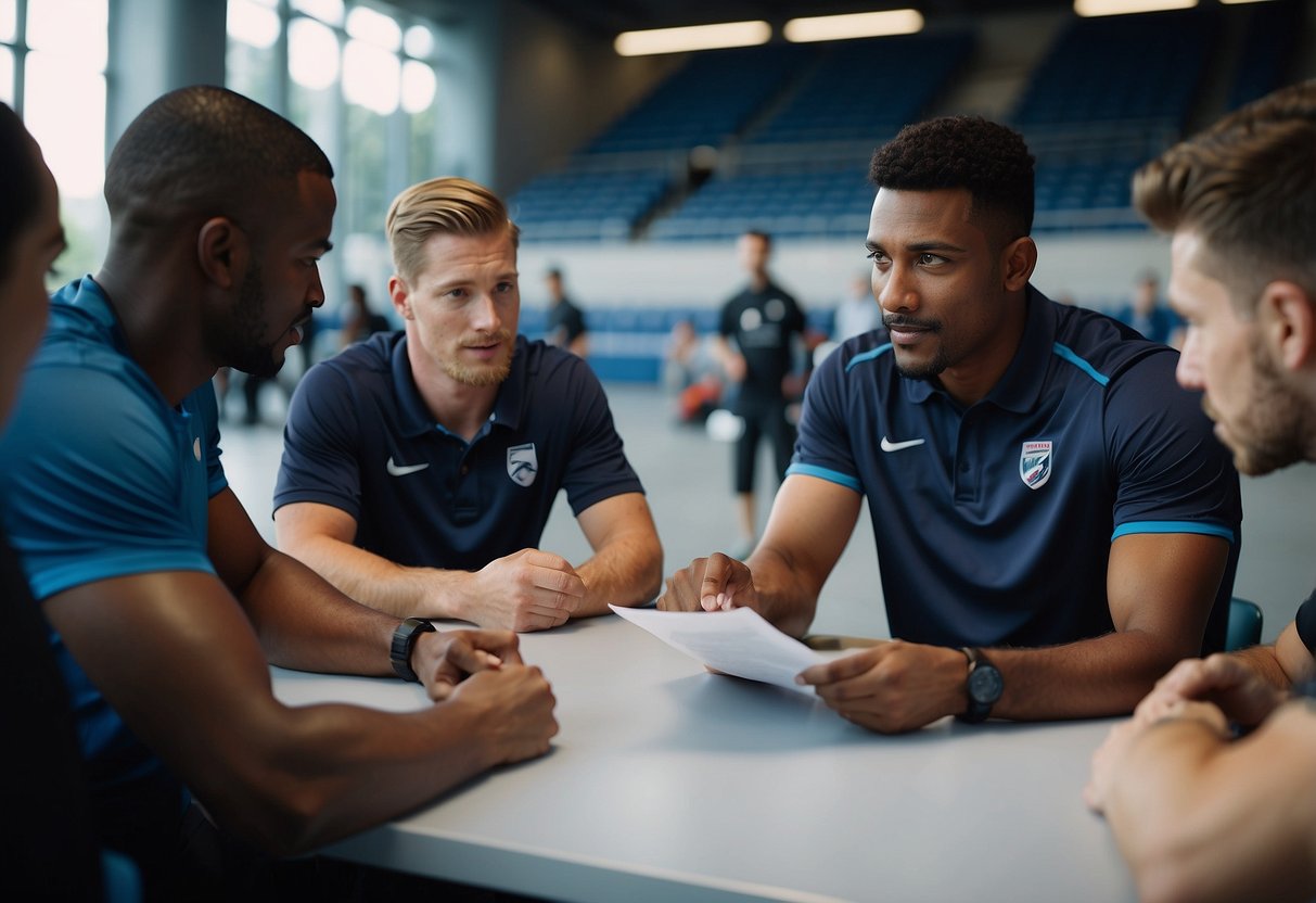 A diverse group of athletes, coaches, and sports technology experts gather in a stadium, exchanging ideas and strategies for global sports development
