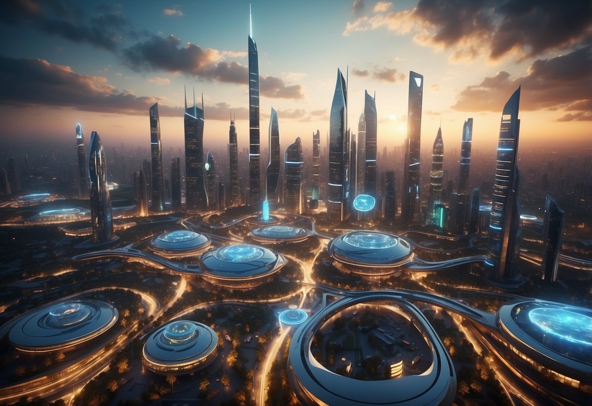 A futuristic city skyline with holographic displays and advanced transportation systems, showcasing the impact of technological innovations on society