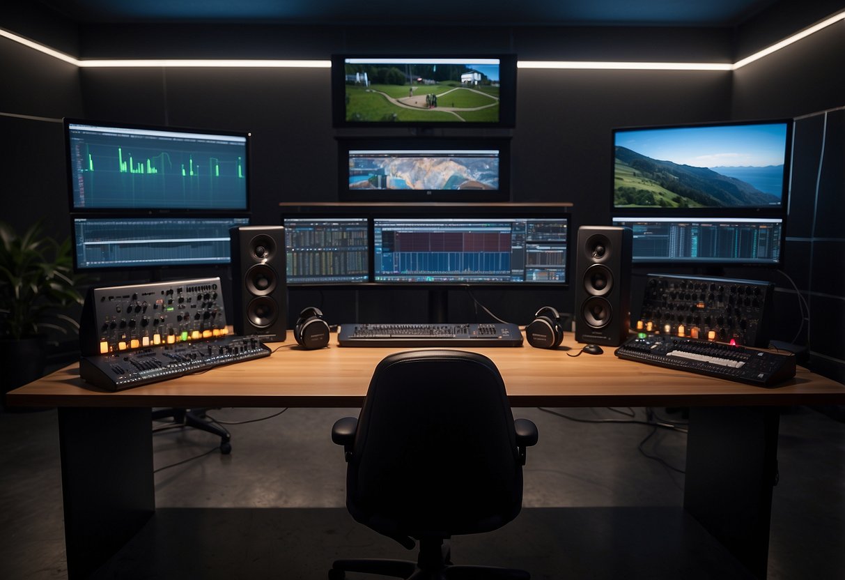 A table with microphones, headphones, and recording software. Cables and soundproofing panels surround the setup. Computer screens show editing software