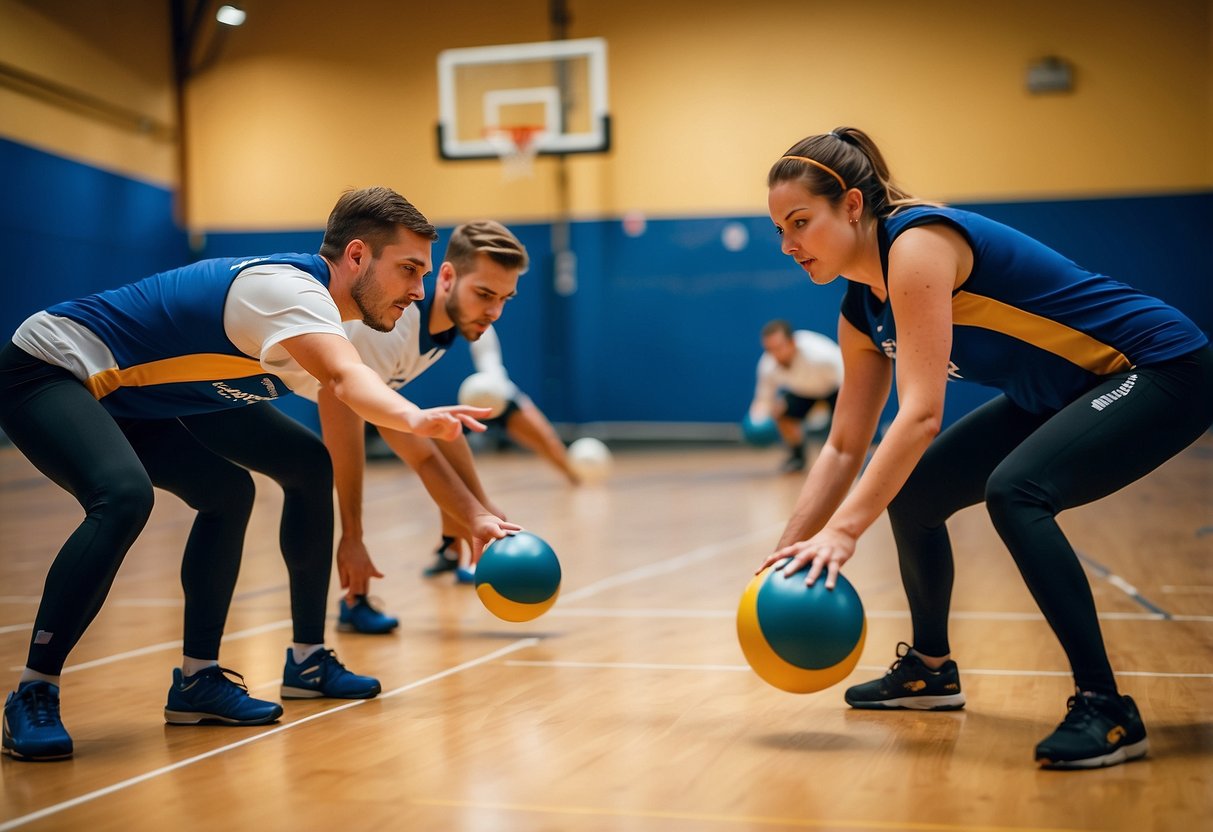 Players practicing goalball drills in a gym, throwing and blocking the ball with precision. Coaches providing feedback and tips for competitive play
