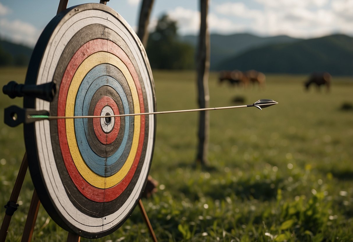 A target stands at a distance, surrounded by a field. A bow and arrow are poised, ready to be released. A crowd watches in anticipation