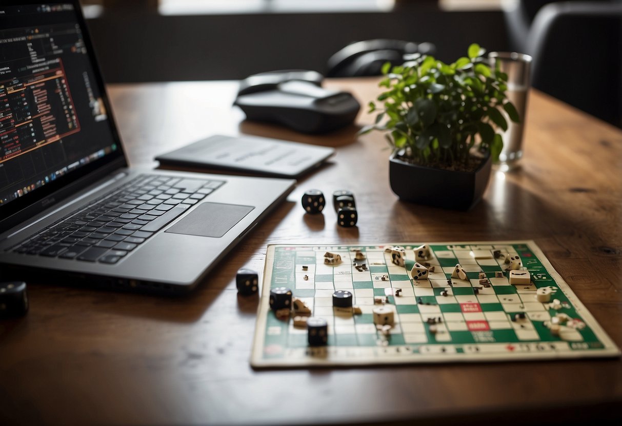 A table with scattered game pieces, a notepad with scribbled notes, and a laptop displaying a game board with strategic moves highlighted