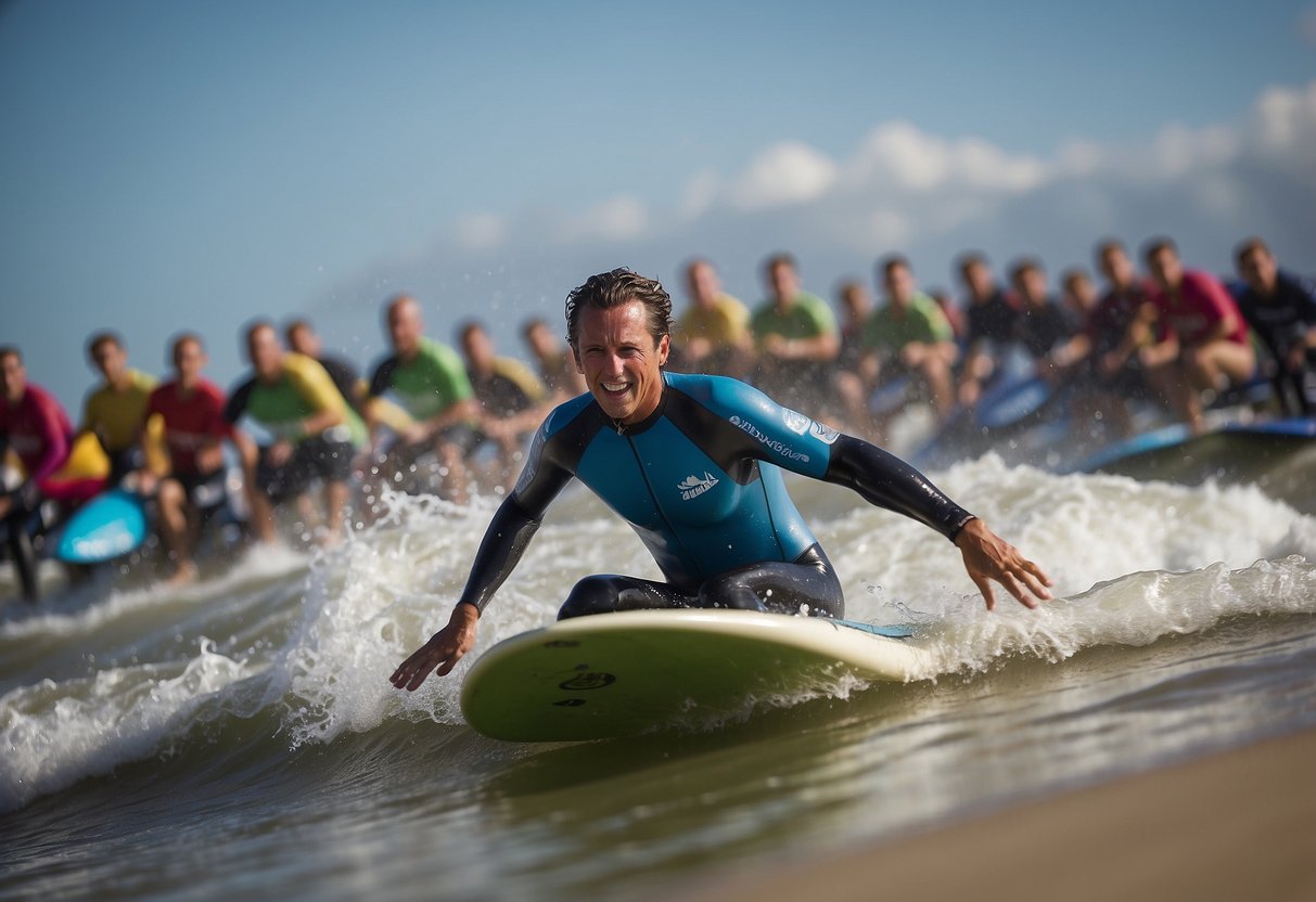 Athletes ride waves in adaptive surfing competition, cheered on by spectators and judges on the beach