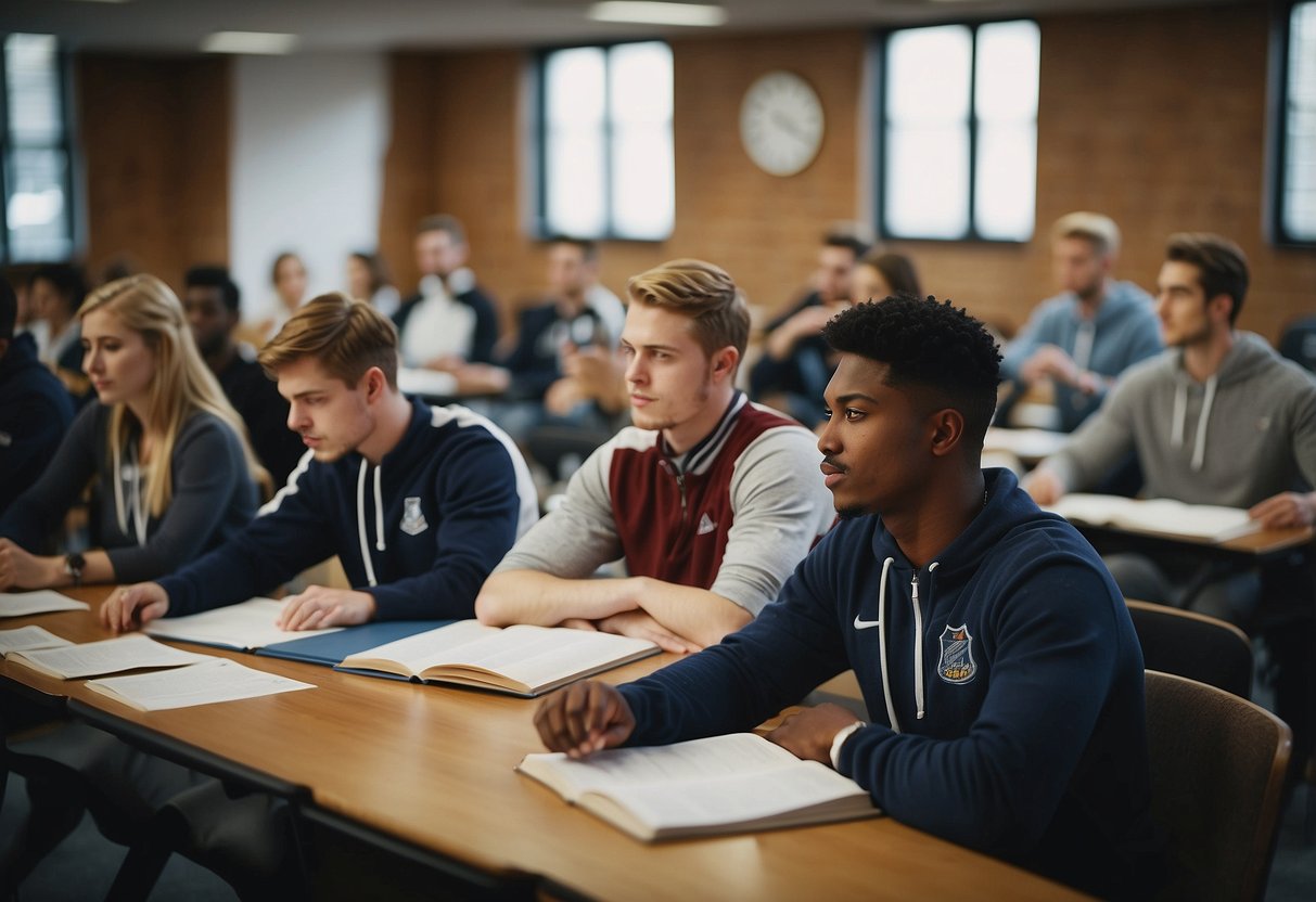 A bustling classroom with sports business textbooks, charts, and students engaged in discussions and presentations. The room is filled with energy and enthusiasm for the global sports business industry
