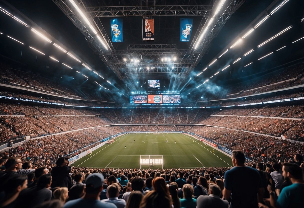 A crowded stadium with various sports logos and banners, while people engage in networking and discussions about the global sports business