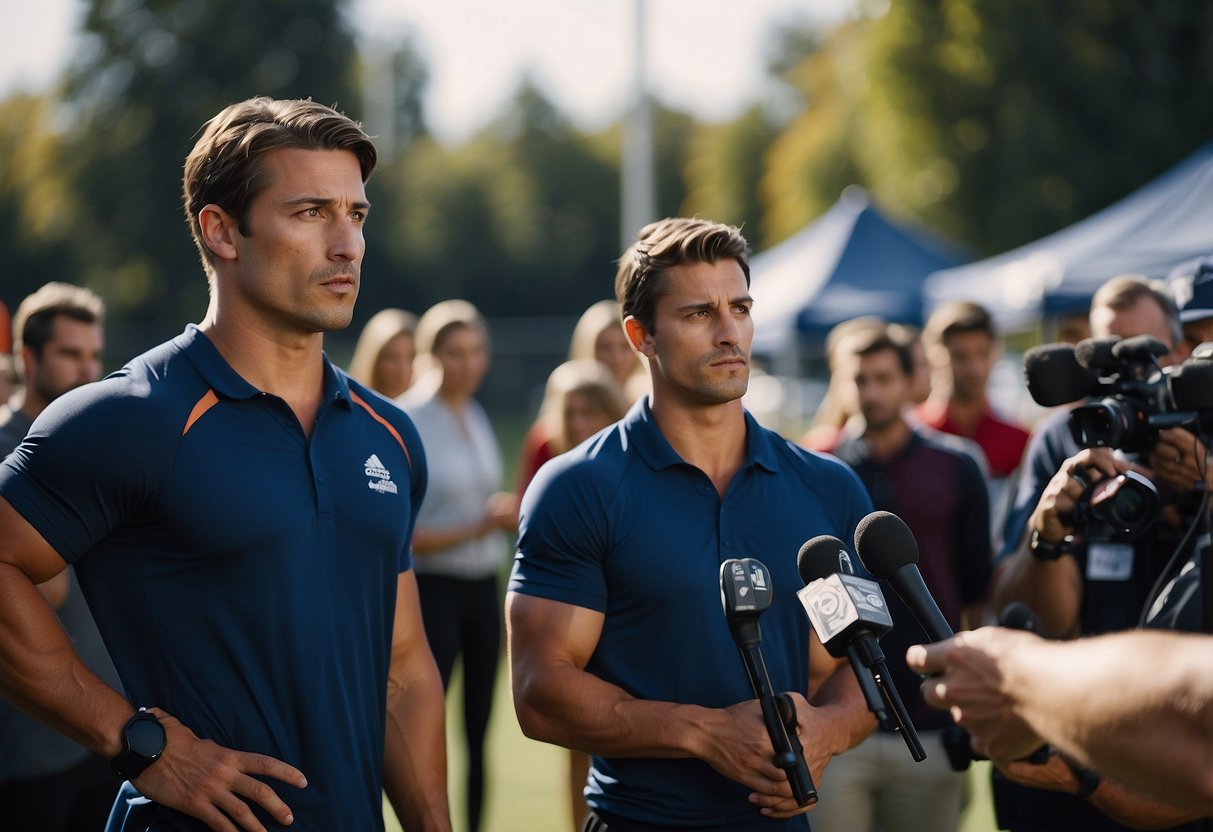 An athlete stands in front of a group of reporters, confidently delivering key messages and maintaining strong eye contact. A media trainer observes from the sidelines, offering guidance and feedback